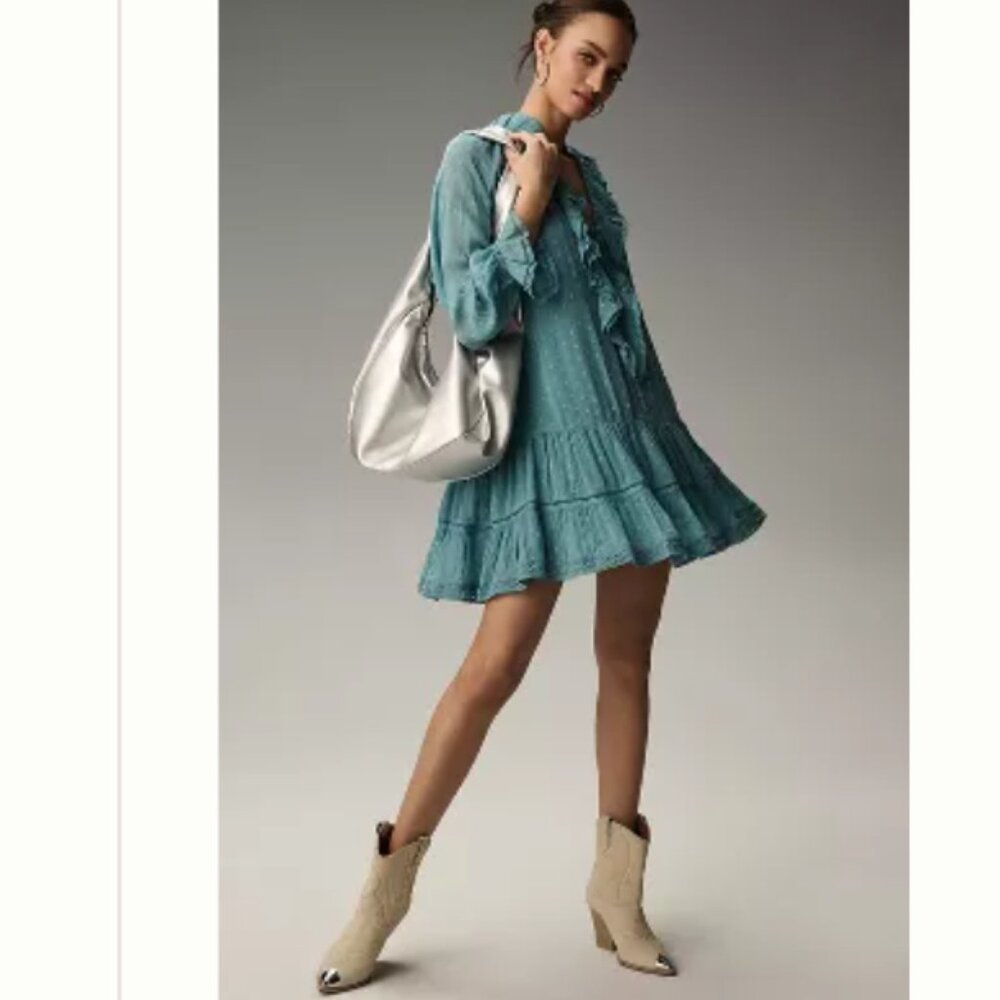 Brand New By Anthropologie Long-Sleeve V-Neck Ruffled Tunic Dress